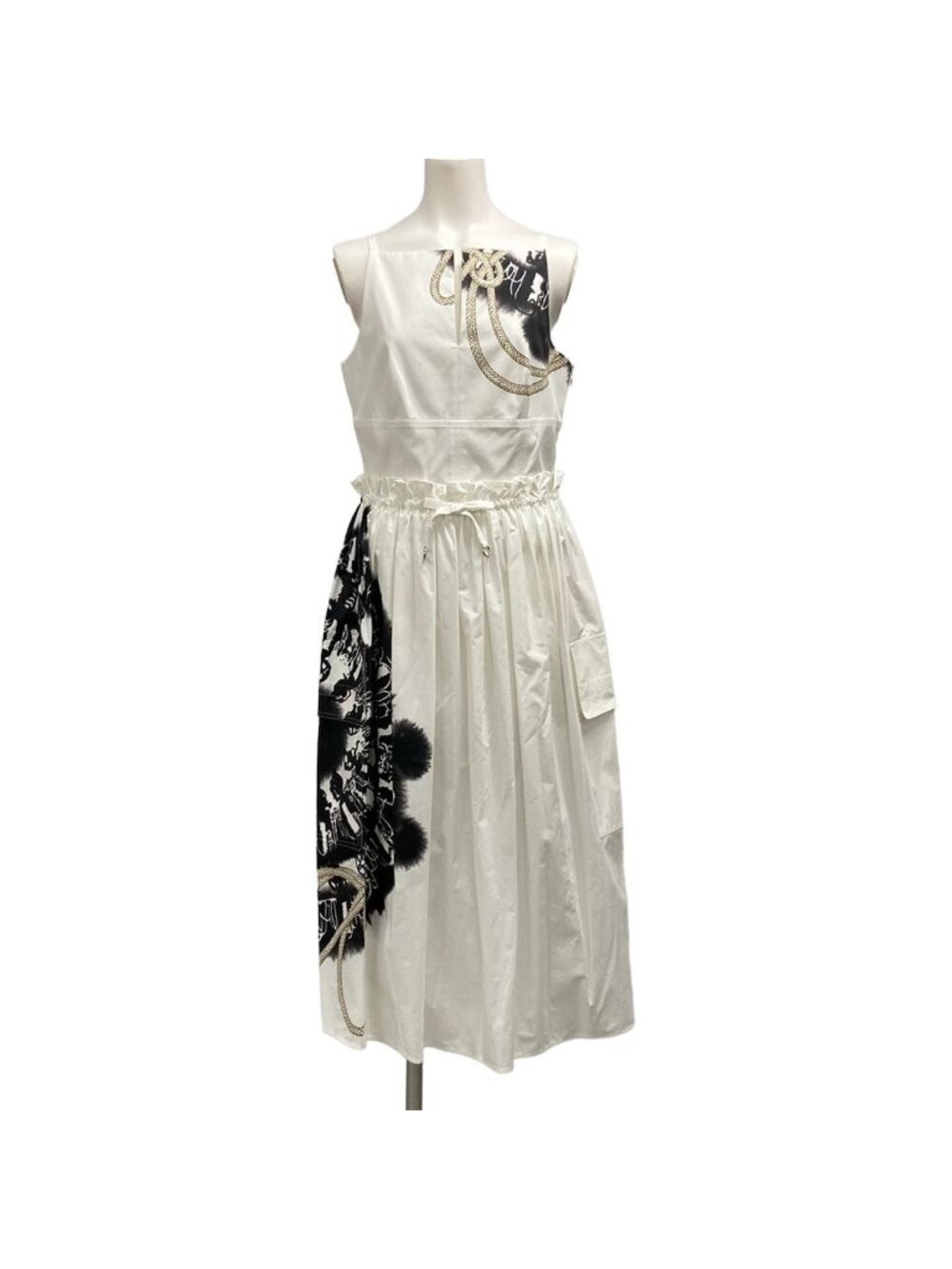 Hermes Dress S White Black Multi Cami Long Cotton 36
